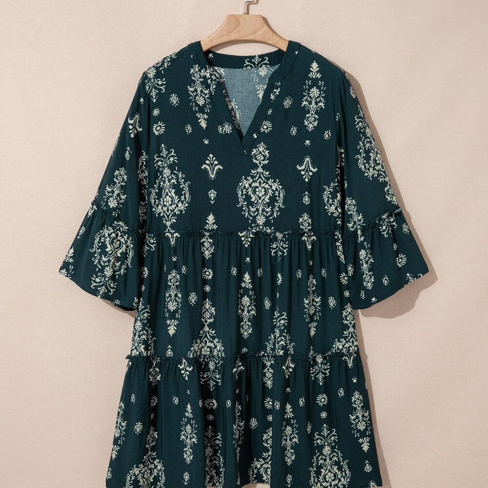 Boho Floral Lettuce Trim 3/4 Sleeve Mini Dress